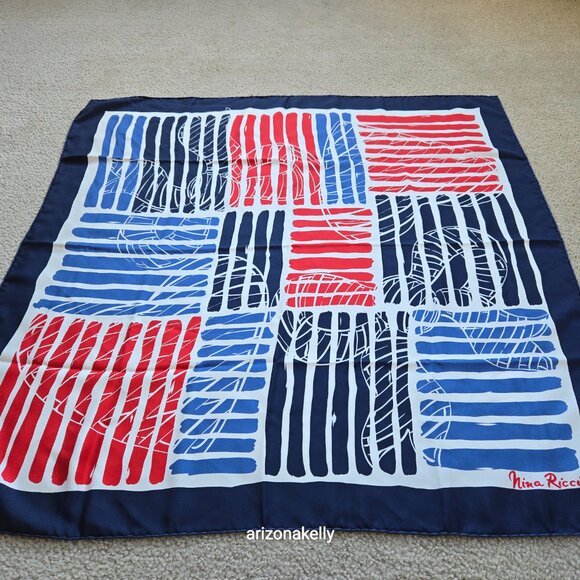 Nina Ricci Silk Twill Square Scarf Hand-rolled Red White Blue Heart - Picture 4 of 7